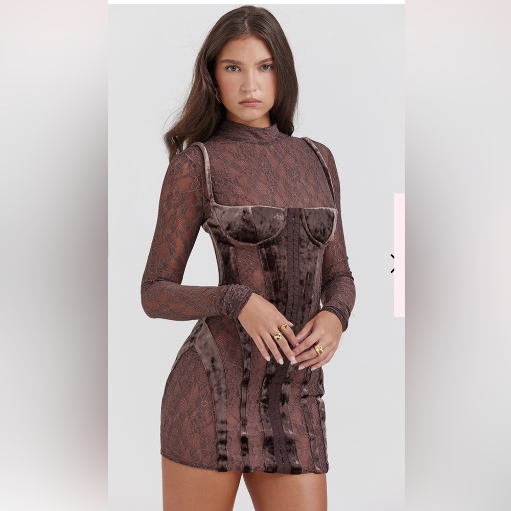 House of CB Marica Brown Lace and Velvet Long Sleeve Dress
